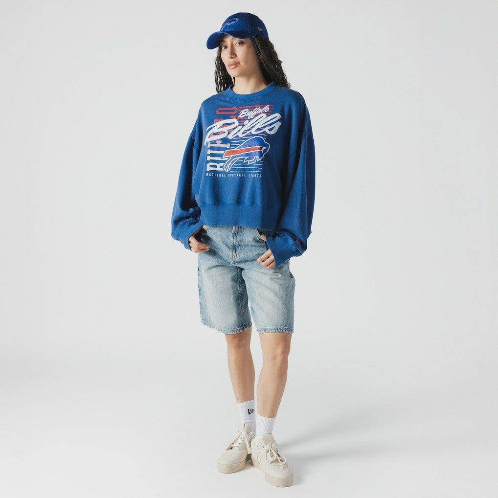 Buffalo Bills New Era Women's Oversized Throwback Mineral Wash Crew Neck Sweatshirt Royal