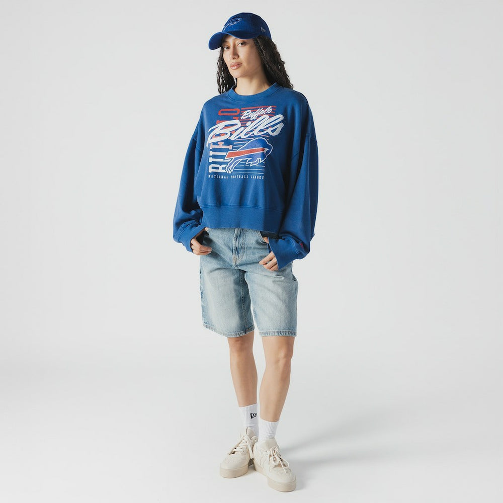 Buffalo Bills New Era Women's Oversized Throwback Mineral Wash Crew Neck Sweatshirt Royal