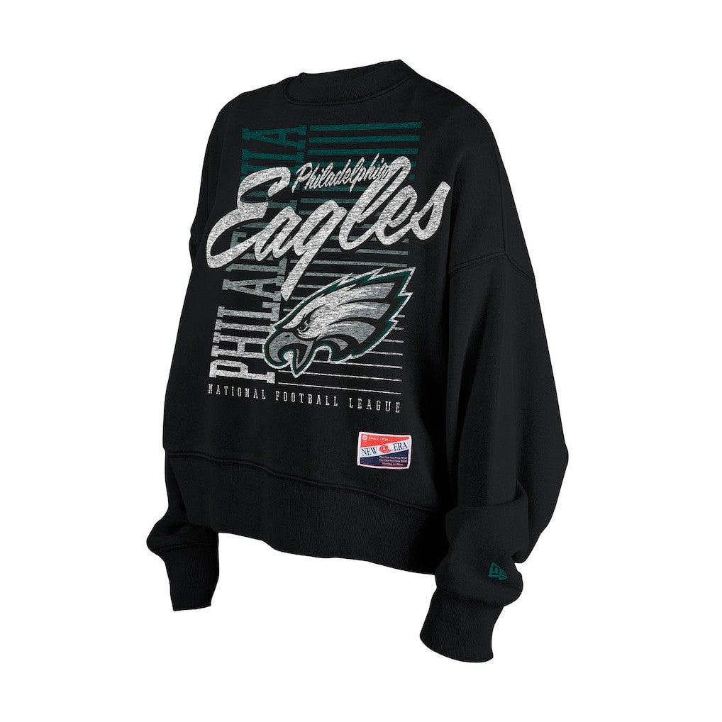 Philadelphia Eagles New Era Women's Oversized Throwback Mineral Wash Crew Neck Sweatshirt Black