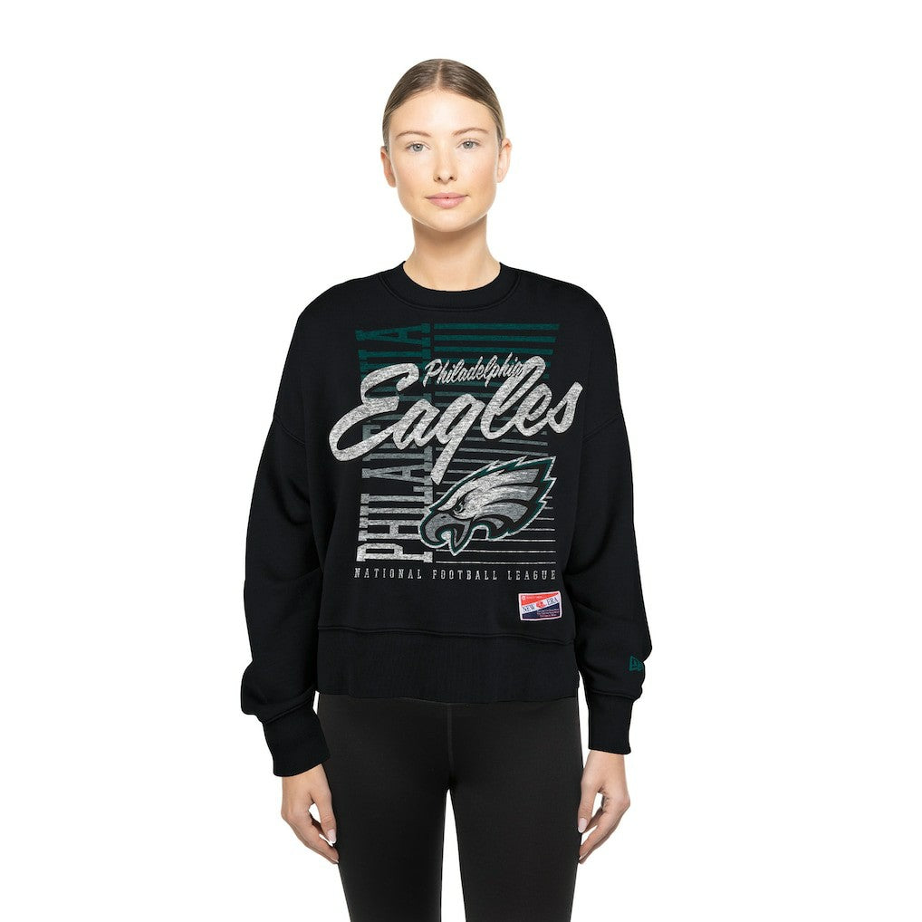 Philadelphia Eagles New Era Women's Oversized Throwback Mineral Wash Crew Neck Sweatshirt Black