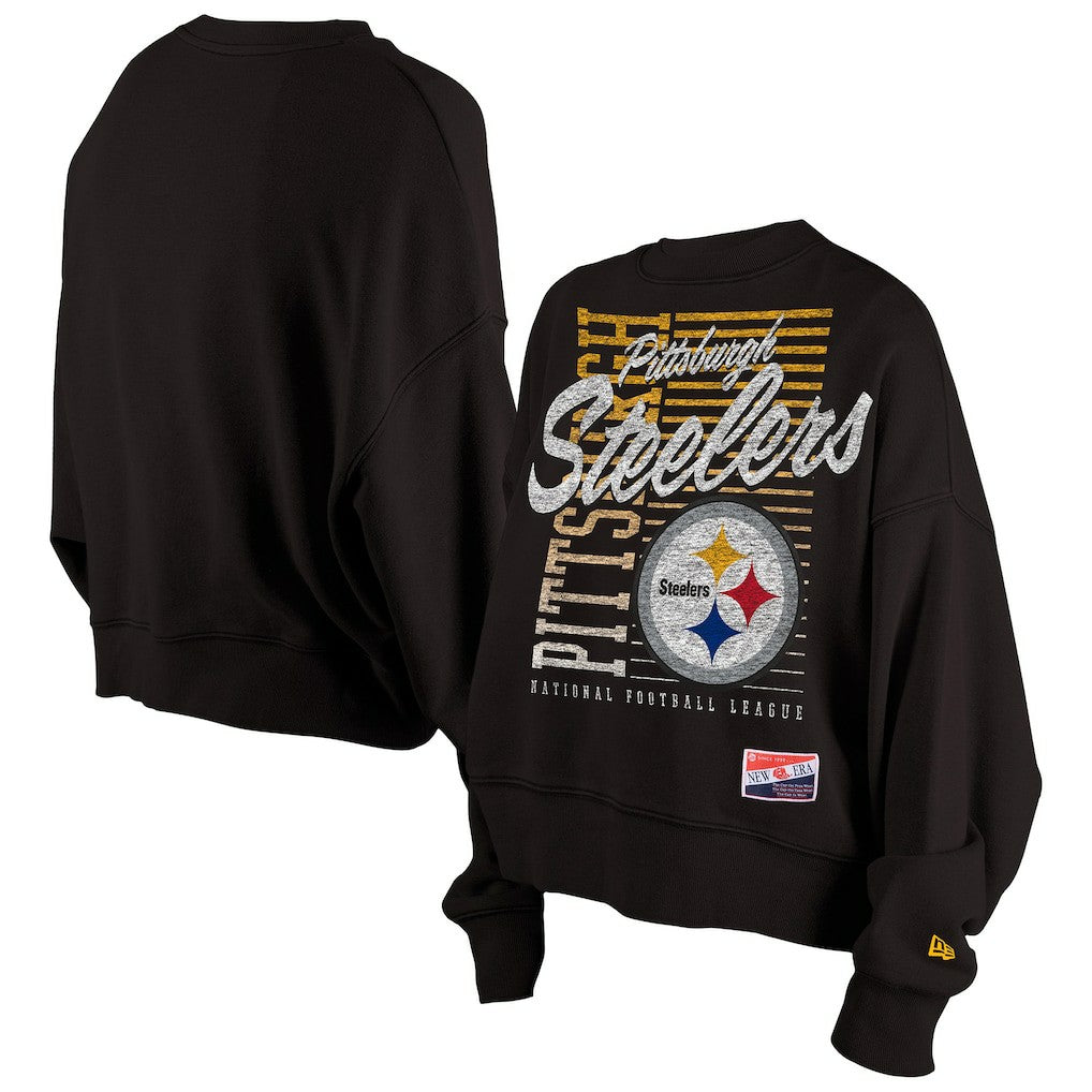 Pittsburgh Steelers New Era Women's Oversized Throwback Mineral Wash Crew Neck Sweatshirt Black
