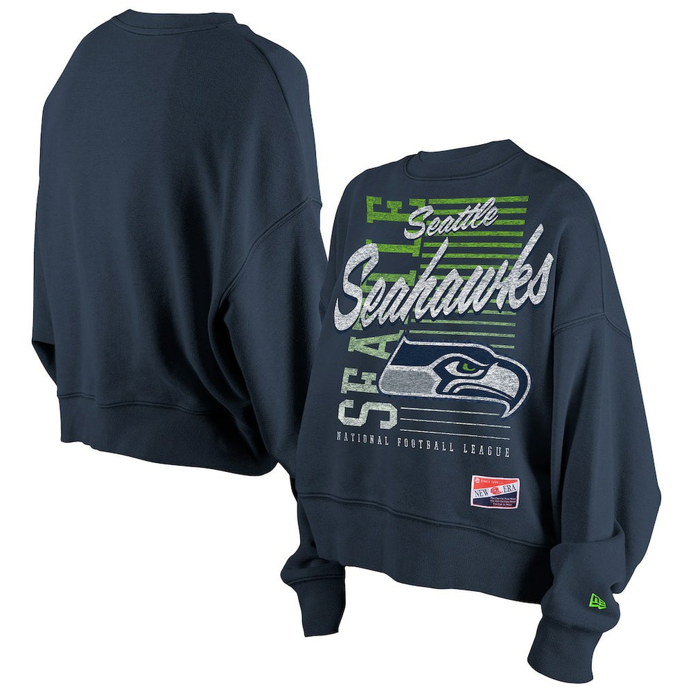 Seattle Seahawks New Era Women's Oversized Throwback Mineral Wash Crew Neck Sweatshirt College Navy