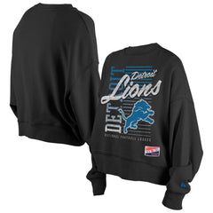 Detroit Lions New Era Women's Oversized Throwback Mineral Wash Crew Neck Sweatshirt Black