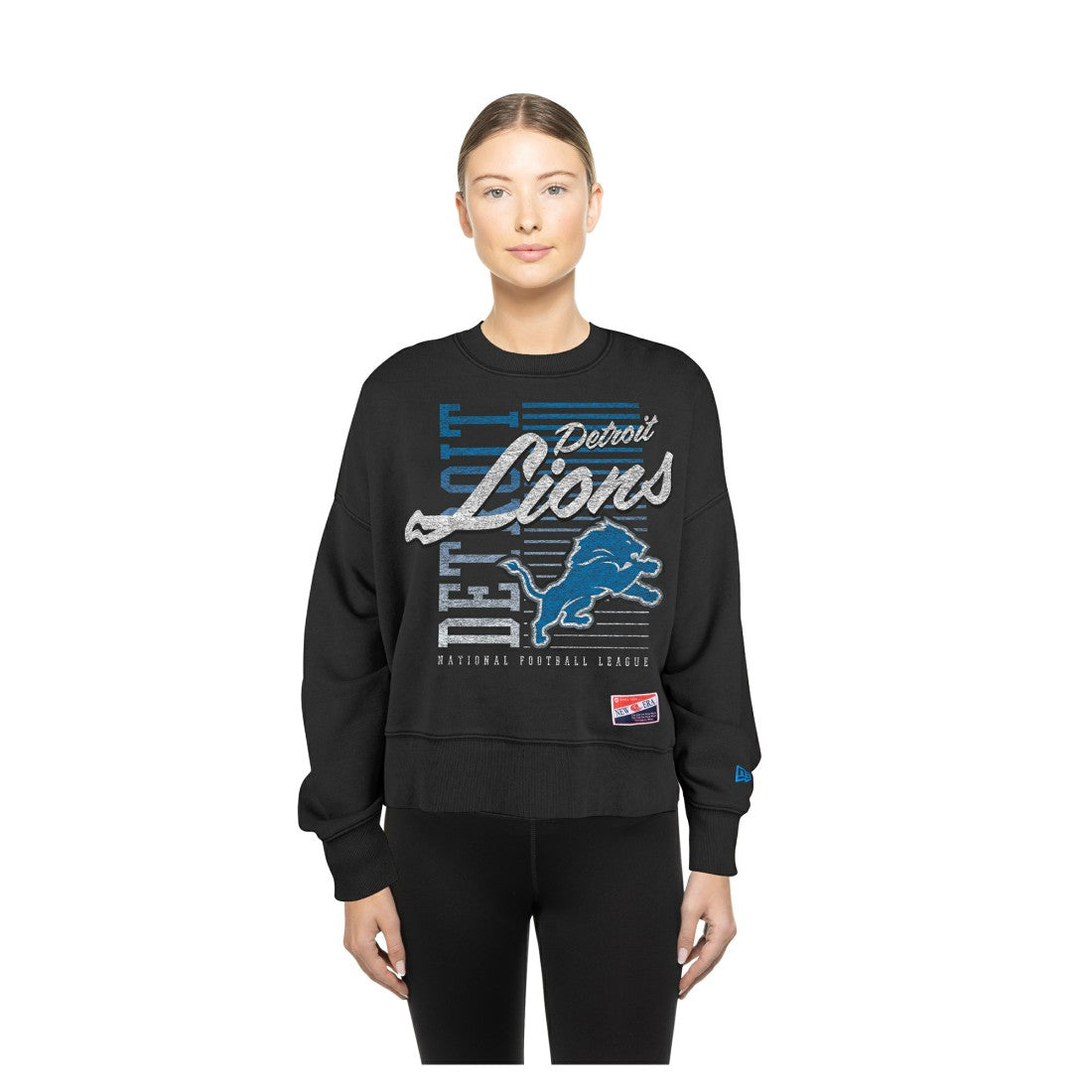 Detroit Lions New Era Women's Oversized Throwback Mineral Wash Crew Neck Sweatshirt Black