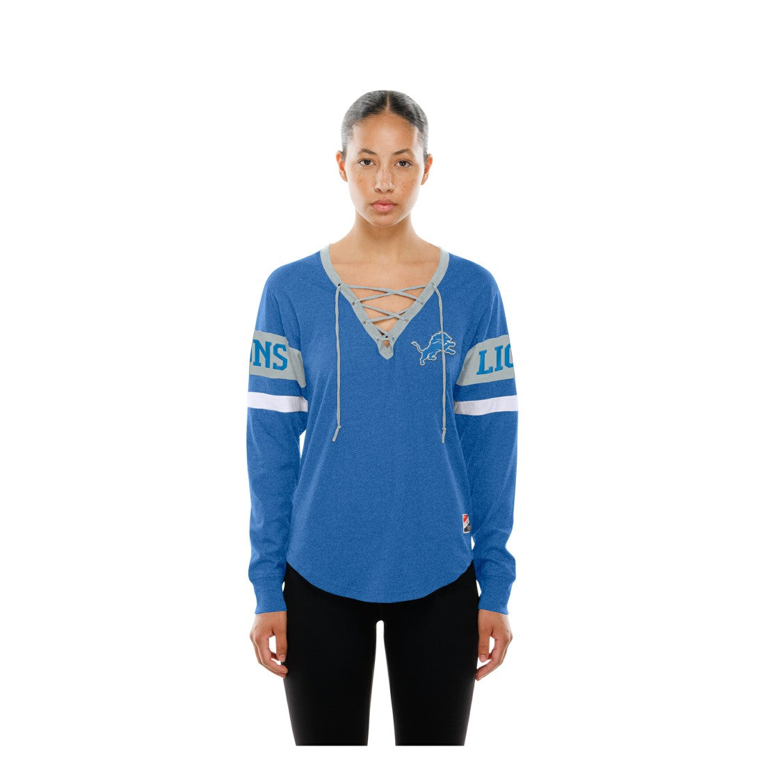 Detroit Lions New Era Women's Throwback Lace-Up Long-Sleeve T-Shirt Blue