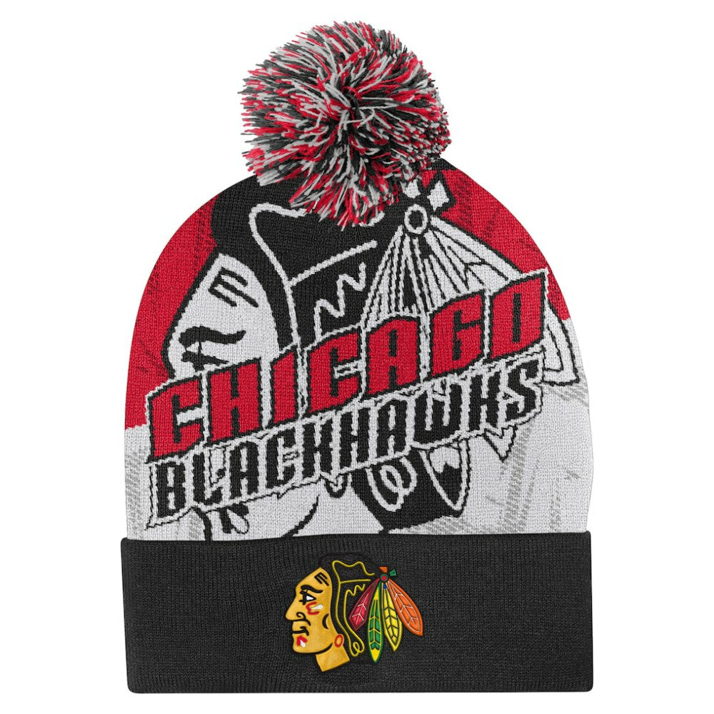 Chicago Blackhawks Outerstuff Youth New Edge Cuffed Knit Hat with Pom - Red - NHL 202603235
