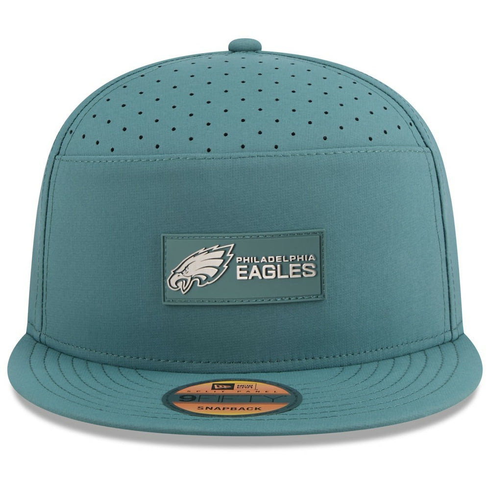 Philadelphia Eagles New Era 2025 Sideline Split Panel 9FIFTY Snapback Hat Midnight Green