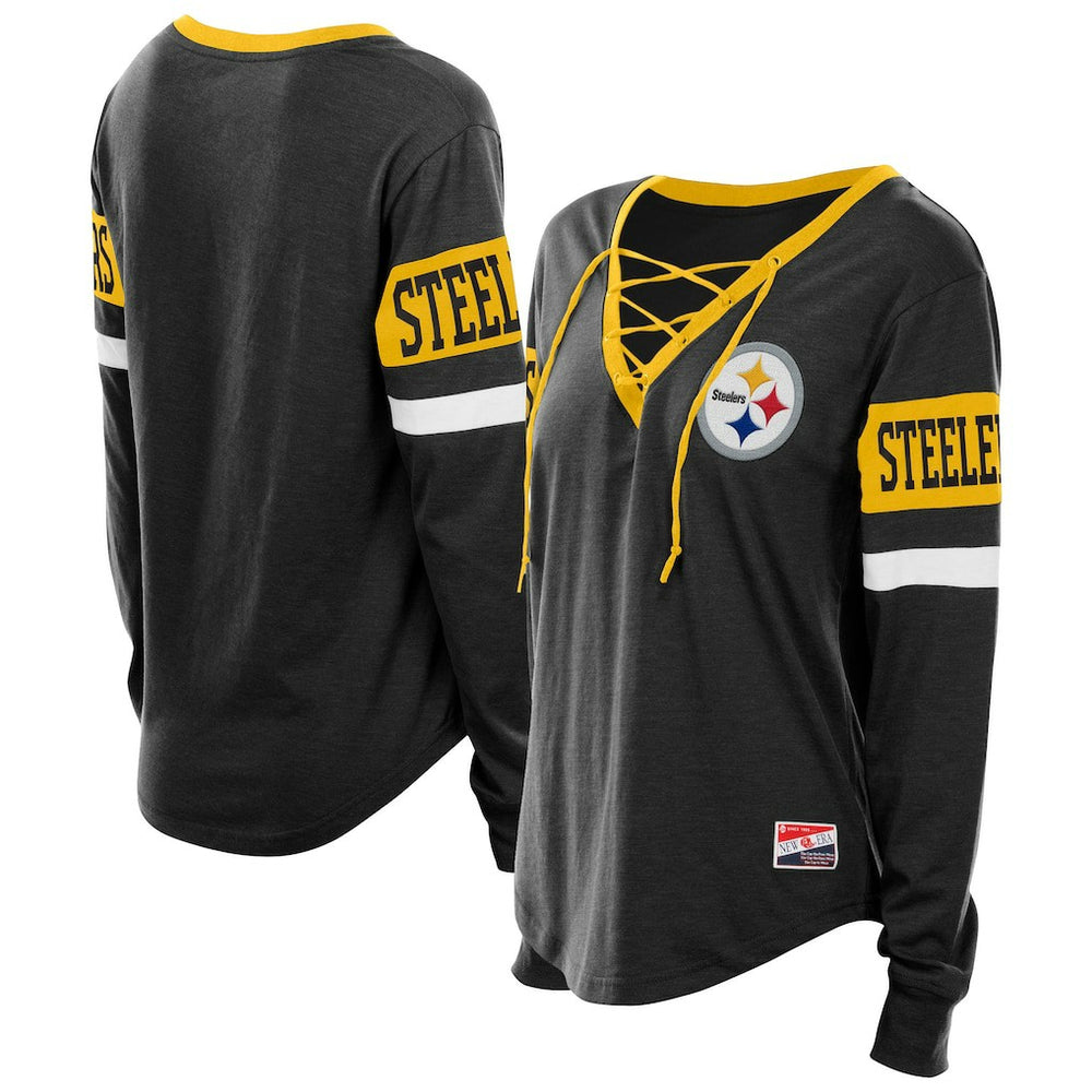 Pittsburgh Steelers New Era Women's Plus Size Throwback Lace-Up Long Sleeve T-Shirt Black