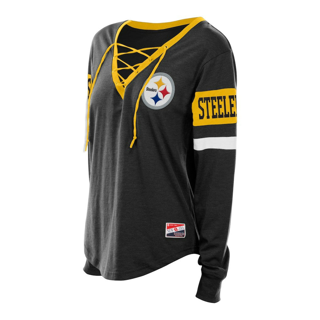 Pittsburgh Steelers New Era Women's Plus Size Throwback Lace-Up Long Sleeve T-Shirt Black