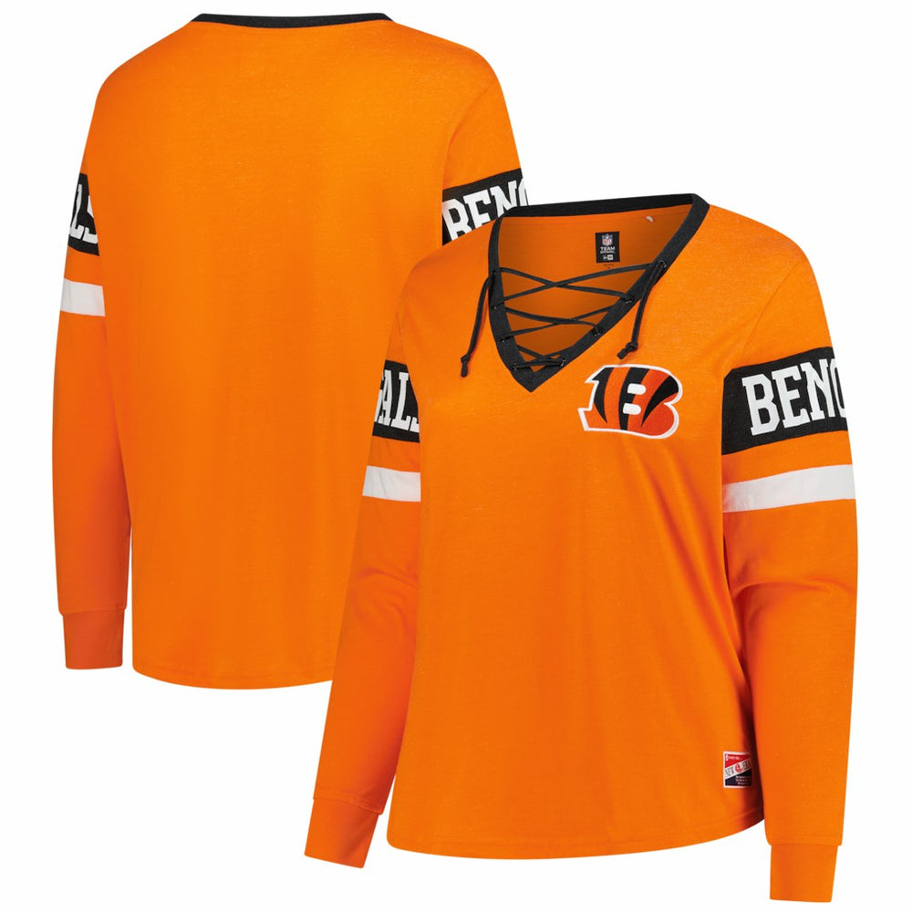 Cincinnati Bengals New Era Women's Plus Size Throwback Lace-Up Long Sleeve T-Shirt Orange