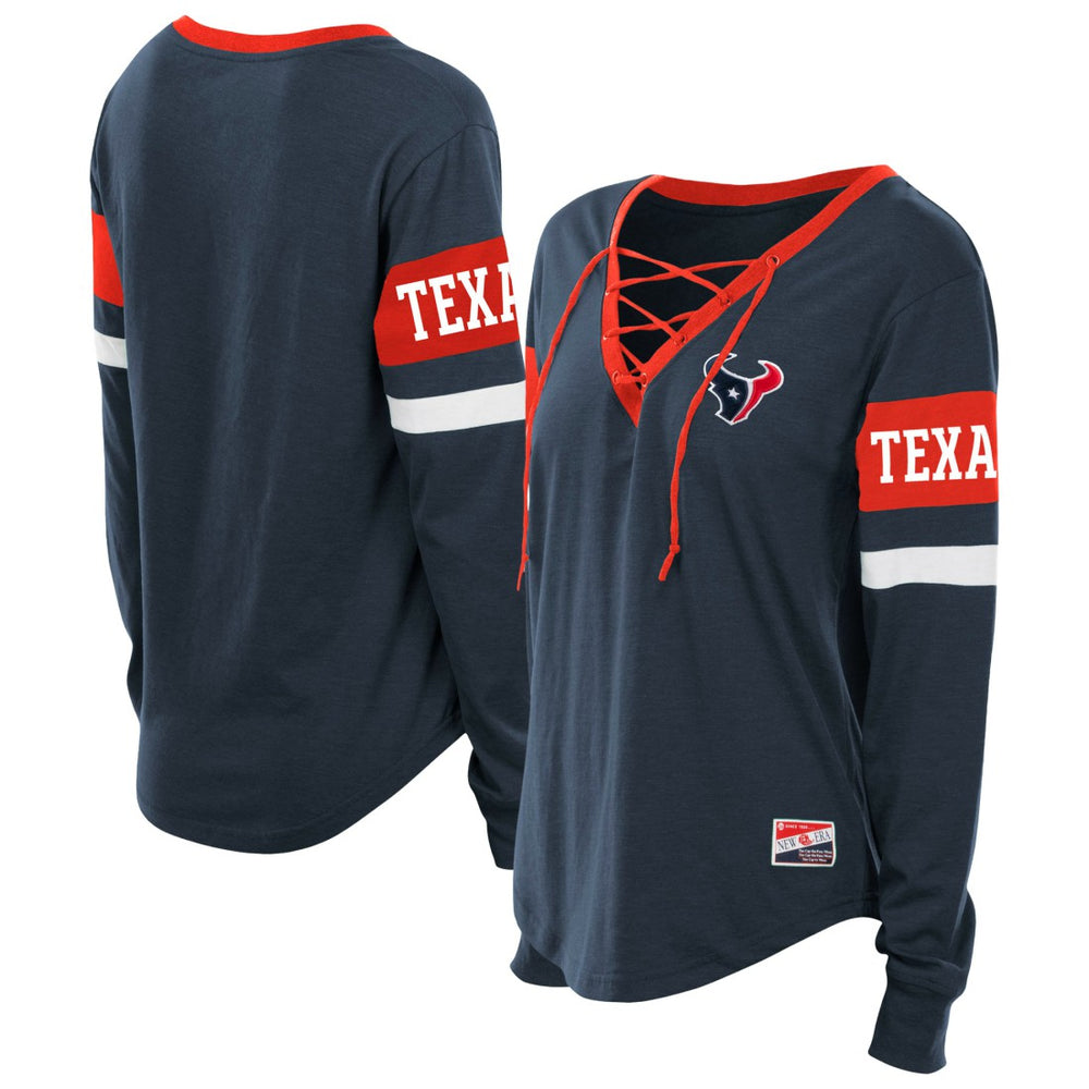 Houston Texans New Era Women's Plus Size Throwback Lace-Up Long Sleeve T-Shirt Navy