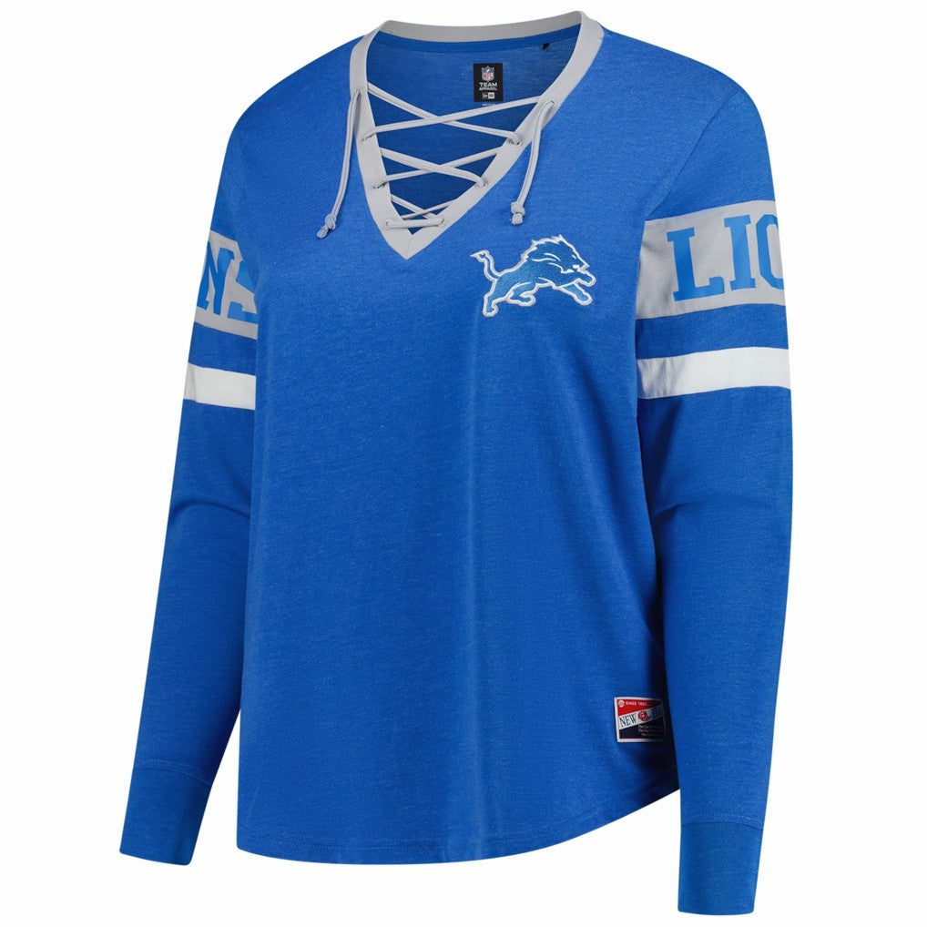Detroit Lions New Era Women's Plus Size Throwback Lace-Up Long Sleeve T-Shirt Blue