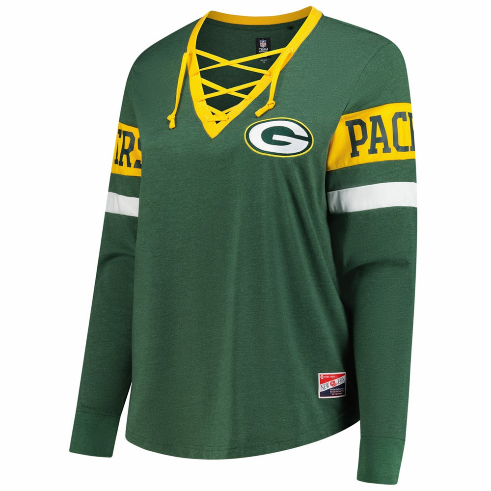 Green Bay Packers New Era Women's Plus Size Throwback Lace-Up Long Sleeve T-Shirt Green