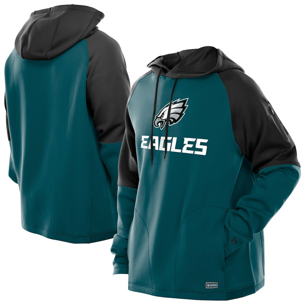 Philadelphia Eagles New Era Combine Authentic Color Block Raglan Pullover Hoodie Midnight Green