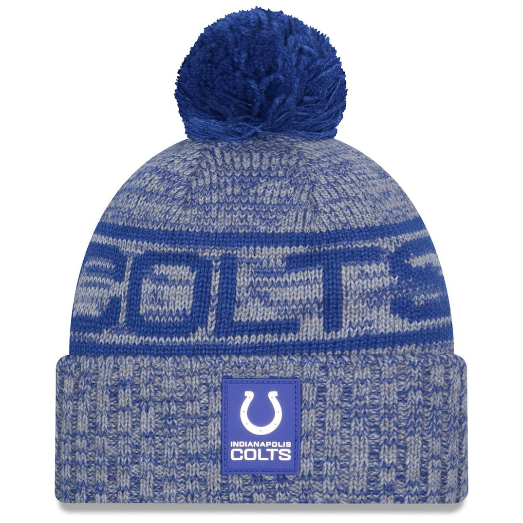 Indianapolis Colts New Era 2025 Sideline Cold Weather Cuffed Knit Hat with Pom Royal