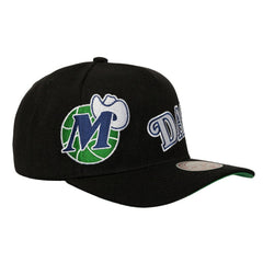 Dallas Mavericks Busted Logo Wordmark Wrap Around Pro Pinch Adjustable Hat for sale Black | Mitchell & Ness Lifestyle