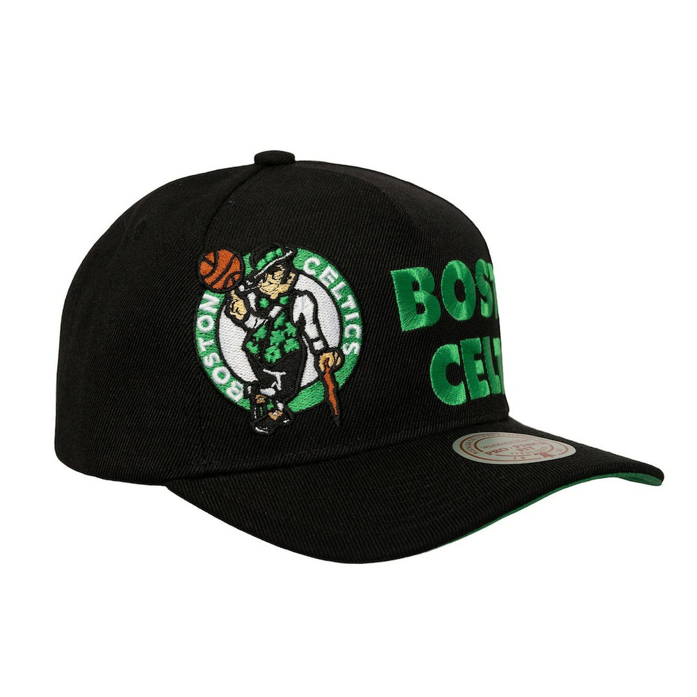 Boston Celtics Busted Logo Wordmark Wrap-Around Pro Pinch Adjustable Hat Black | Mitchell & Ness for sale
