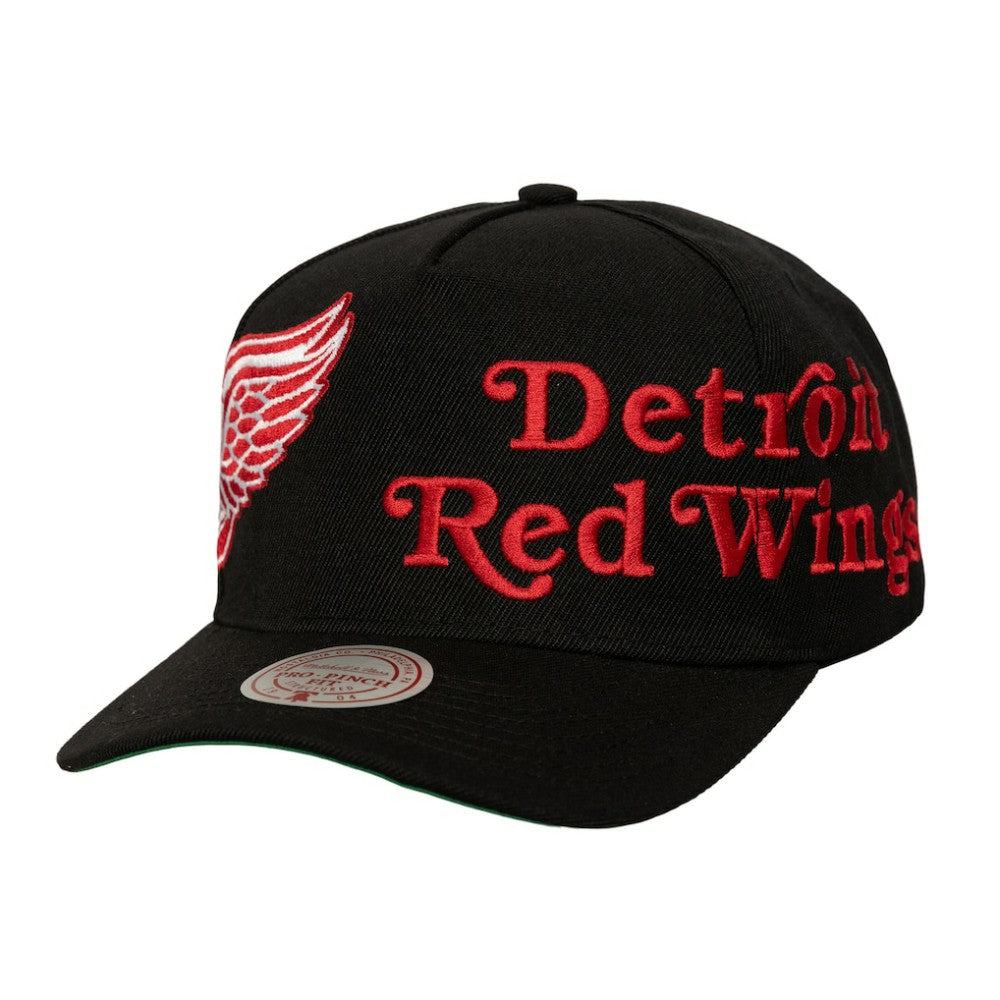 Detroit Red Wings Mitchell & Ness Busted Logo Wordmark Wrap-Around Pro Pinch Adjustable Hat - Black - NHL 202641037