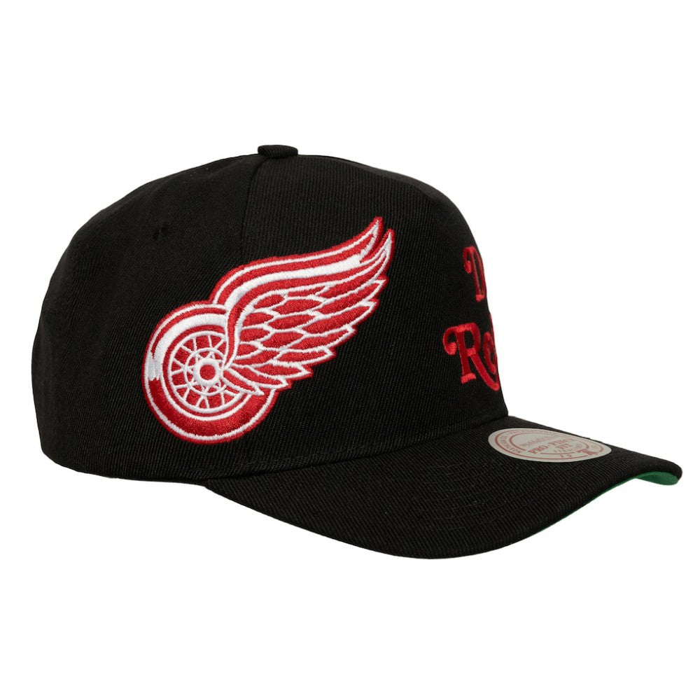 Detroit Red Wings Mitchell & Ness Busted Logo Wordmark Wrap-Around Pro Pinch Adjustable Hat - Black - NHL 202641037