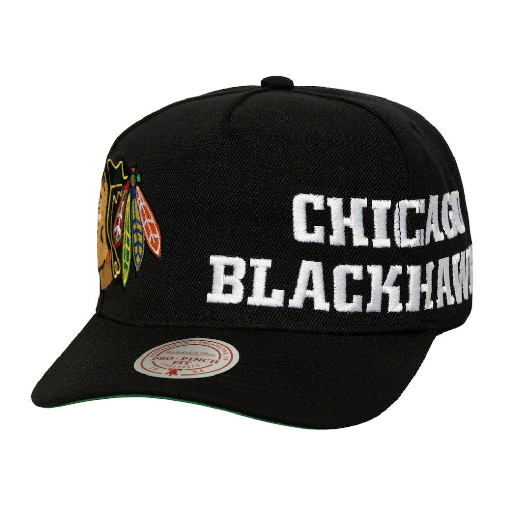 Chicago Blackhawks Mitchell & Ness Busted Logo Wordmark Wrap Around Pro Pinch Adjustable Hat - Black - NHL 202641039