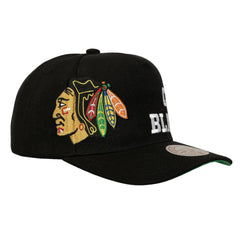 Chicago Blackhawks Mitchell & Ness Busted Logo Wordmark Wrap Around Pro Pinch Adjustable Hat - Black - NHL 202641039