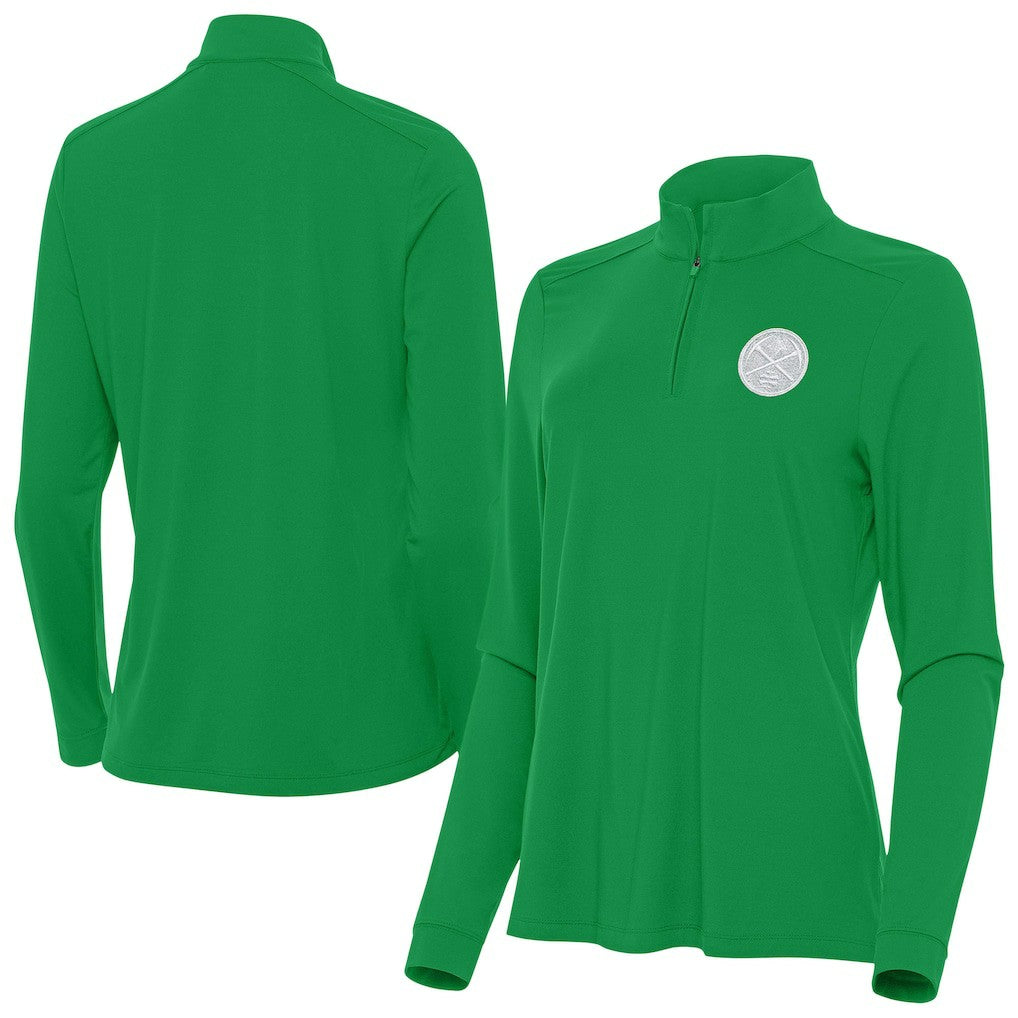 Denver Nuggets Antigua Women's St. Patrick's Day Intent Quarter-Zip Top Kelly Green