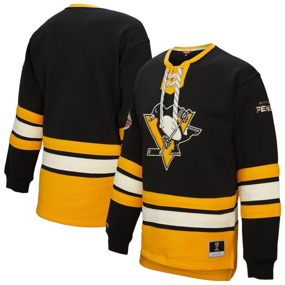Pittsburgh Penguins Mitchell & Ness Women's Heritage Lace-Up Pullover Sweatshirt - Black - NHL 202660264