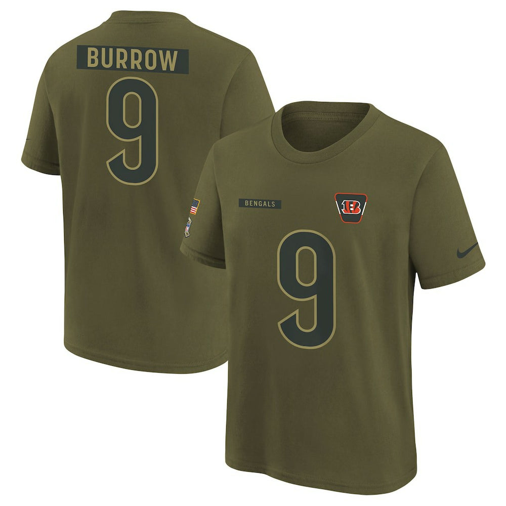Nike Joe Burrow Cincinnati Bengals Youth 2025 Salute to Service Name & Number T-Shirt Olive
