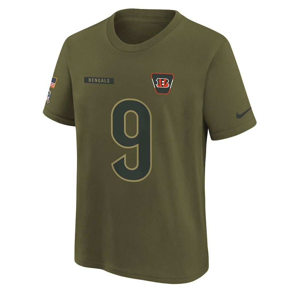 Nike Joe Burrow Cincinnati Bengals Youth 2025 Salute to Service Name & Number T-Shirt Olive