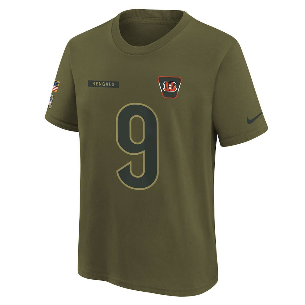 Nike Joe Burrow Cincinnati Bengals Youth 2025 Salute to Service Name & Number T-Shirt Olive