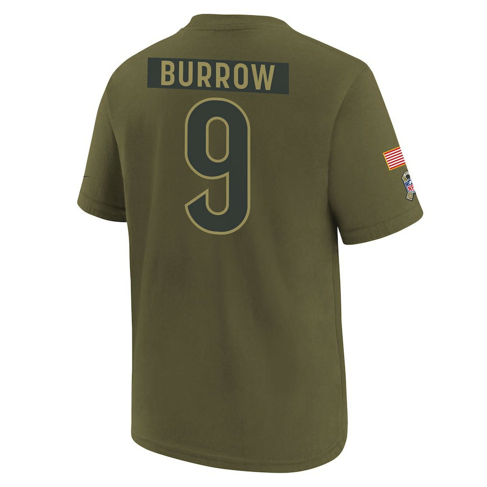 Nike Joe Burrow Cincinnati Bengals Youth 2025 Salute to Service Name & Number T-Shirt Olive