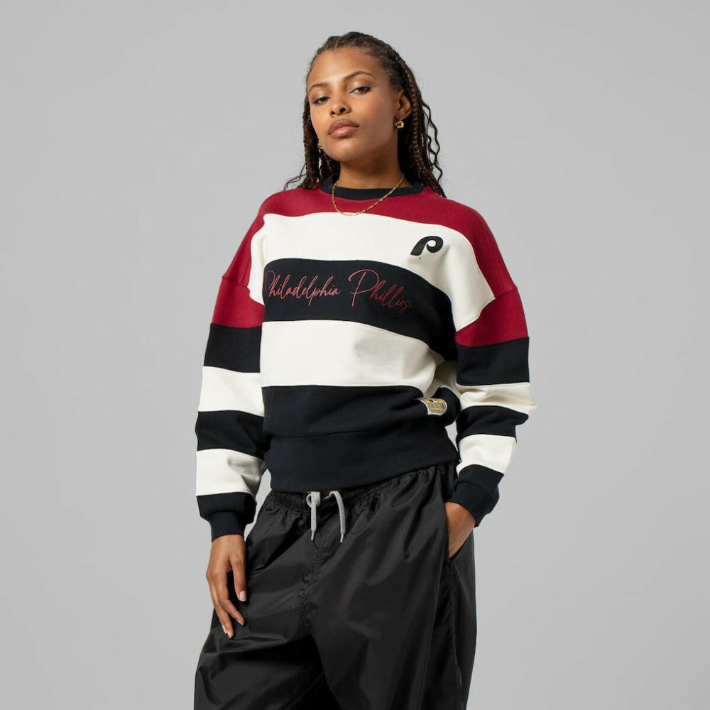 Philadelphia Phillies Mitchell & Ness Women's Cooperstown Collection Blocked Fleece Pullover Sweatshirt- Burgundy/Black - Mitchell & Ness Discount
