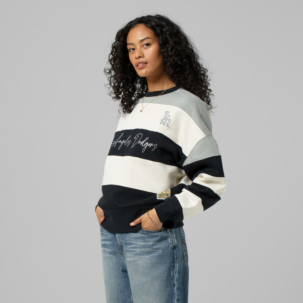 Los Angeles Dodgers Mitchell & Ness Women's Cooperstown Collection Blocked Fleece Pullover Sweatshirt- Gray/Black - Mitchell & Ness Sale