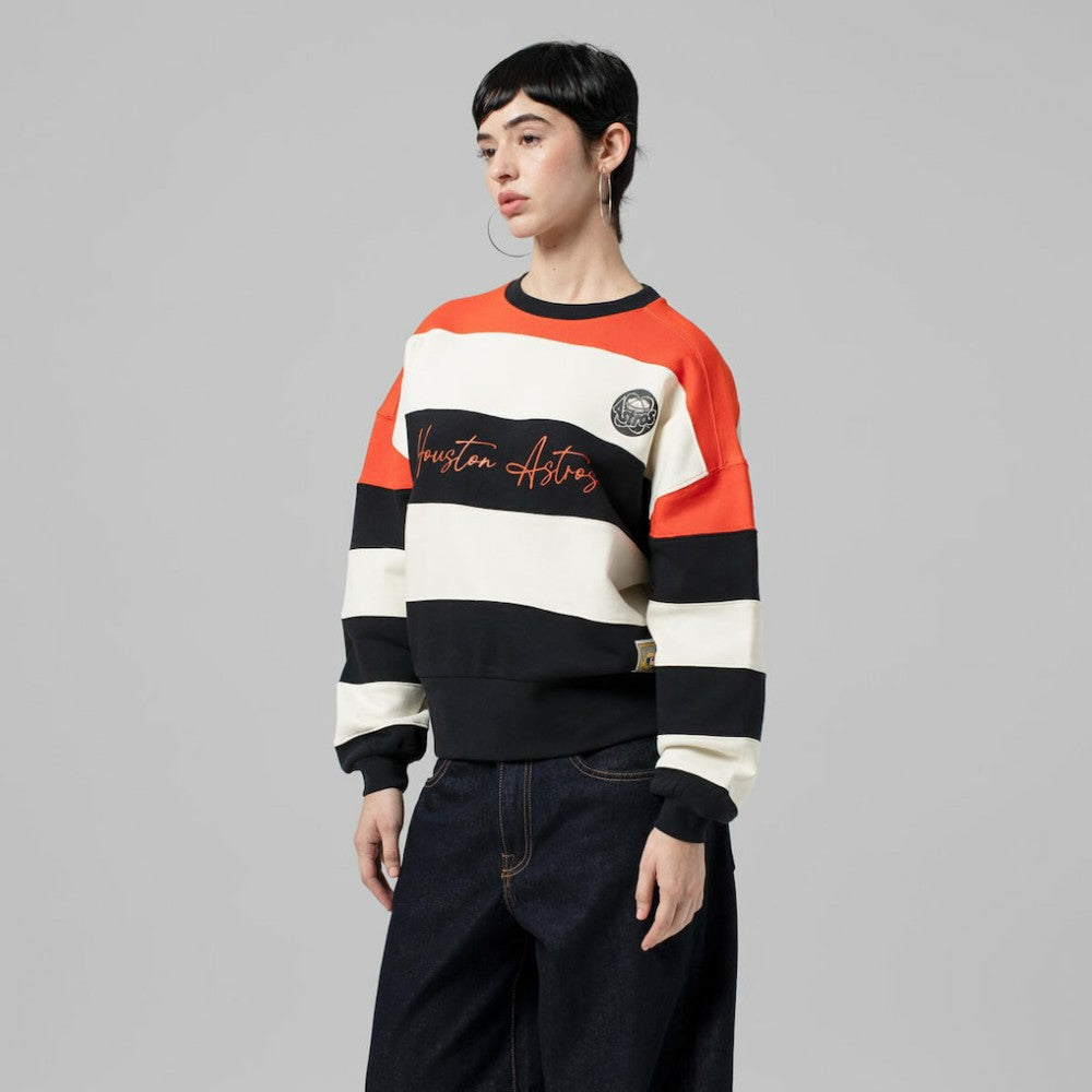 Houston Astros Mitchell & Ness Women's Cooperstown Collection Blocked Fleece Pullover Sweatshirt- Orange/Black - Mitchell & Ness Online