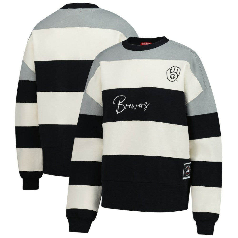 Milwaukee Brewers Mitchell & Ness Women's Cooperstown Collection Blocked Fleece Pullover Sweatshirt- Gray/Black - Mitchell & Ness Lifestyle