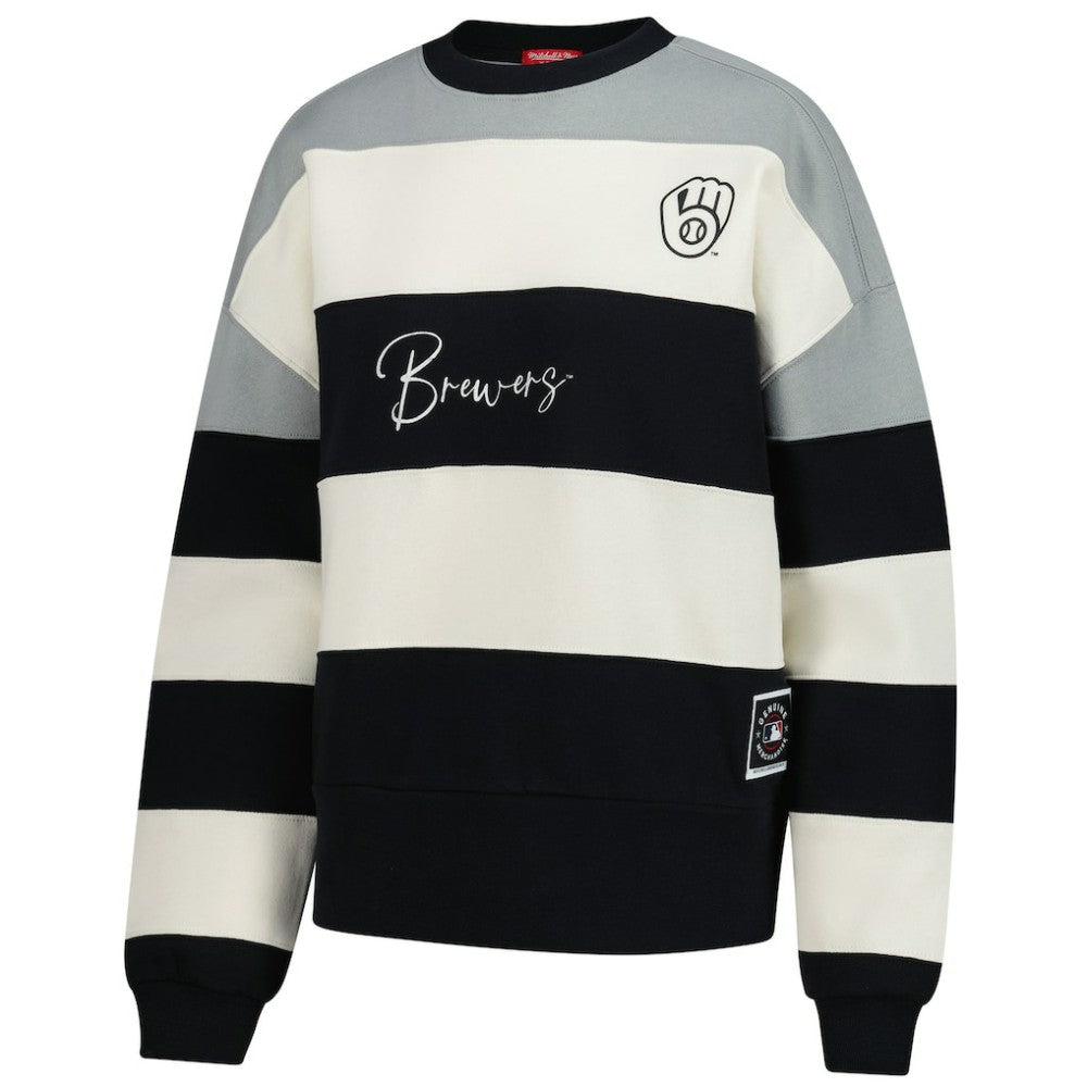 Milwaukee Brewers Mitchell & Ness Women's Cooperstown Collection Blocked Fleece Pullover Sweatshirt- Gray/Black - Mitchell & Ness Lifestyle