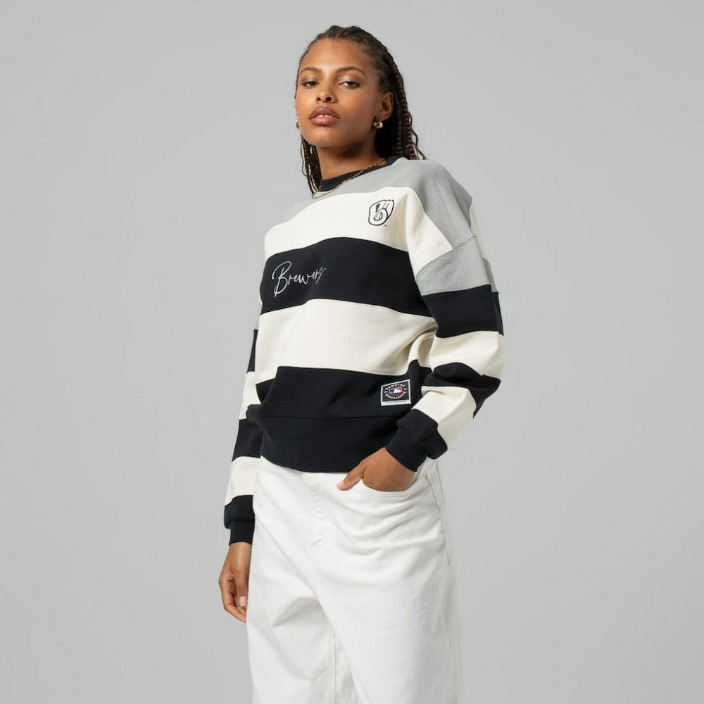 Milwaukee Brewers Mitchell & Ness Women's Cooperstown Collection Blocked Fleece Pullover Sweatshirt- Gray/Black - Mitchell & Ness Lifestyle