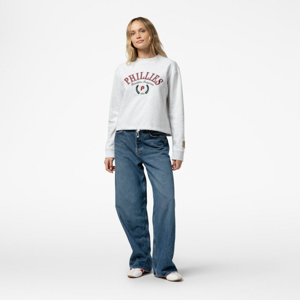 Philadelphia Phillies Mitchell & Ness Women's Cropped Toggle Pullover Sweatshirt - Heather Gray - Mitchell & Ness Lifestyle