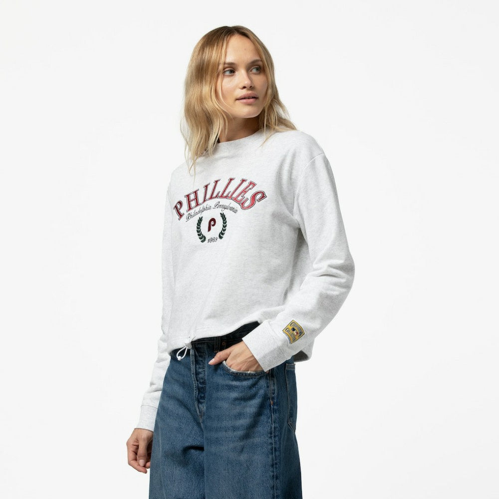 Philadelphia Phillies Mitchell & Ness Women's Cropped Toggle Pullover Sweatshirt - Heather Gray - Mitchell & Ness Lifestyle