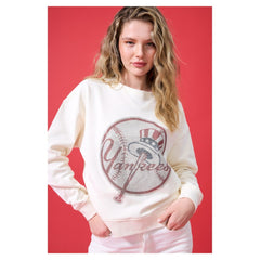 New York Yankees Terez Women's Oversized Gemstone Logo Sweatshirt - Cream - MLB on Sale