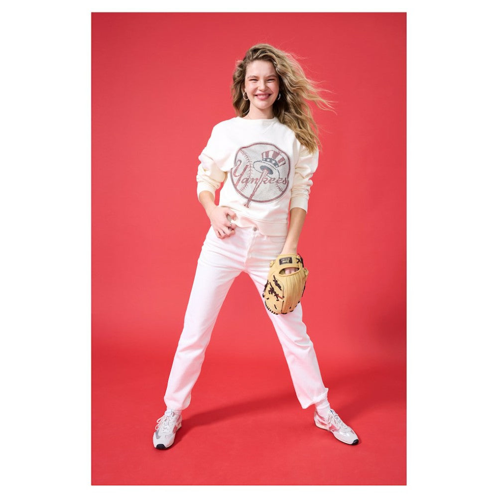 New York Yankees Terez Women's Oversized Gemstone Logo Sweatshirt - Cream - MLB on Sale