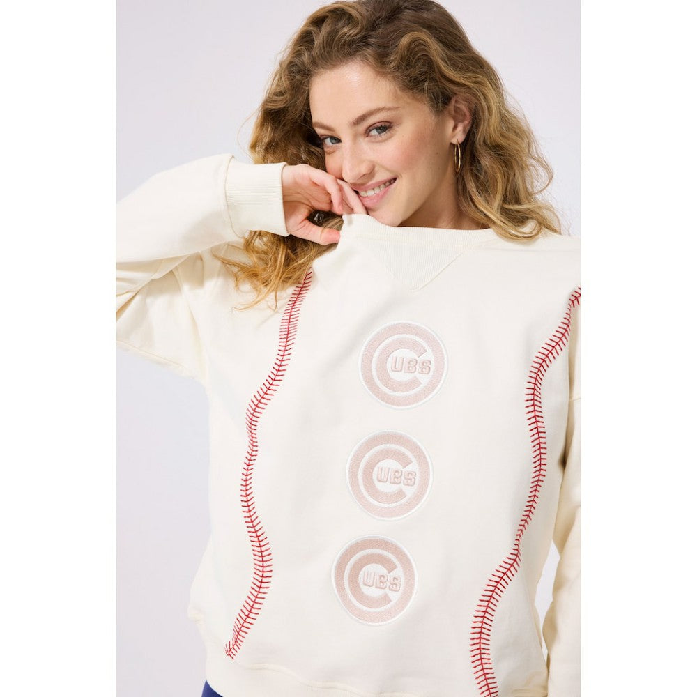 Chicago Cubs Terez Women's Baseball Stitch Pullover Sweatshirt - Cream - MLB Sale