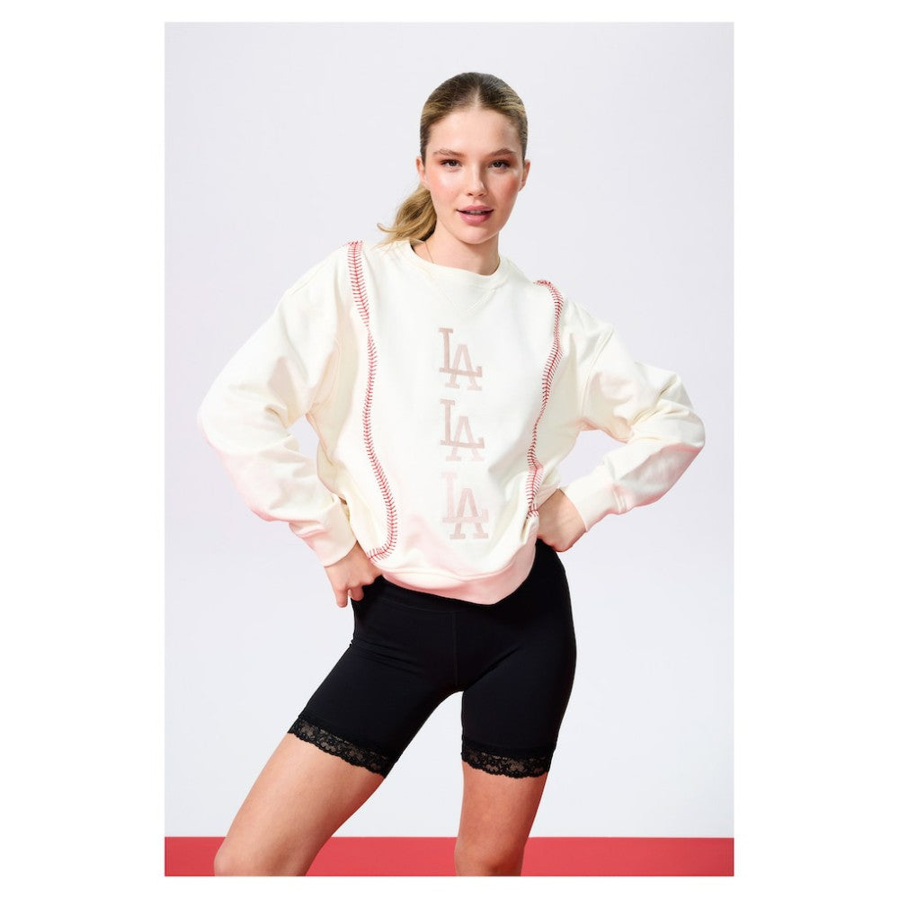 Los Angeles Dodgers Terez Women's Baseball Stitch Pullover Sweatshirt - Cream - MLB Discount