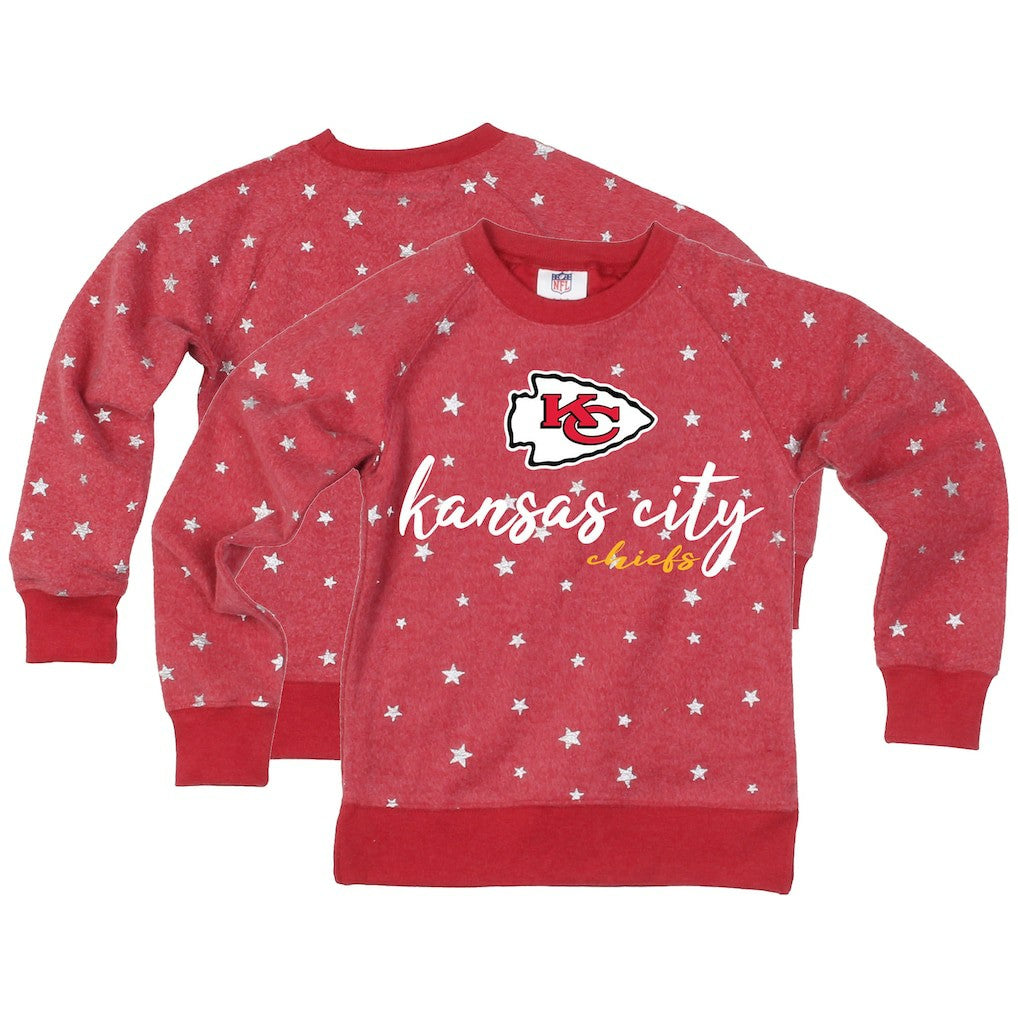 Kansas City Chiefs Wes & Willy Girls Youth Shimmer Star Reverse Fleece Pullover Sweatshirt Red
