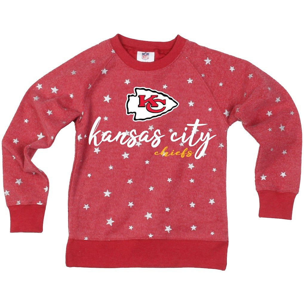 Kansas City Chiefs Wes & Willy Girls Youth Shimmer Star Reverse Fleece Pullover Sweatshirt Red
