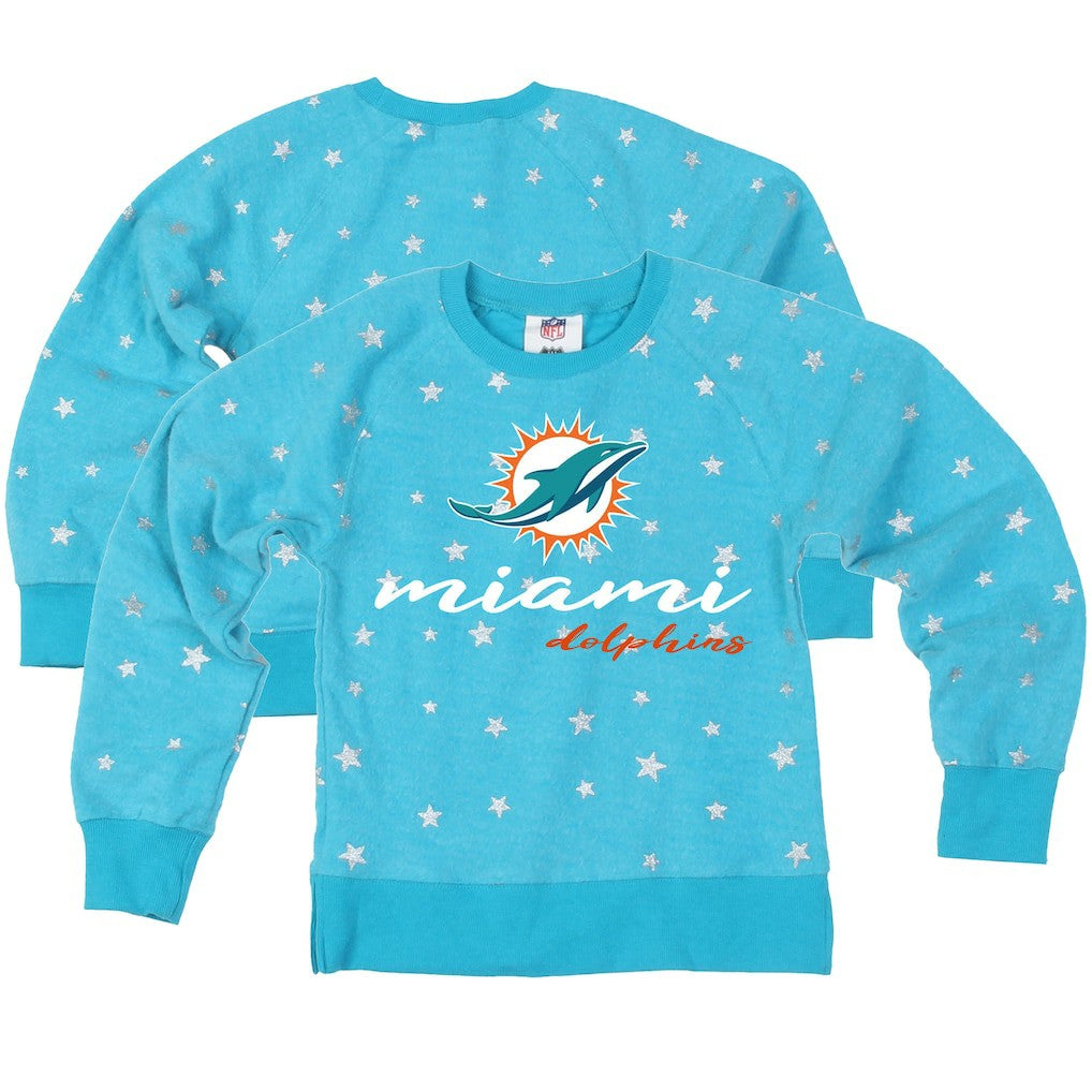 Miami Dolphins Wes & Willy Girls Youth Shimmer Star Reverse Fleece Pullover Sweatshirt Aqua