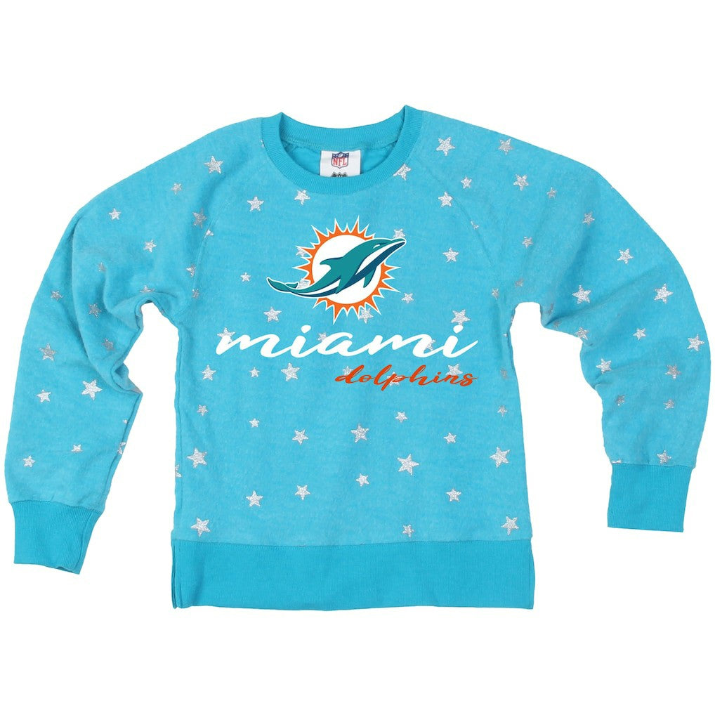 Miami Dolphins Wes & Willy Girls Youth Shimmer Star Reverse Fleece Pullover Sweatshirt Aqua