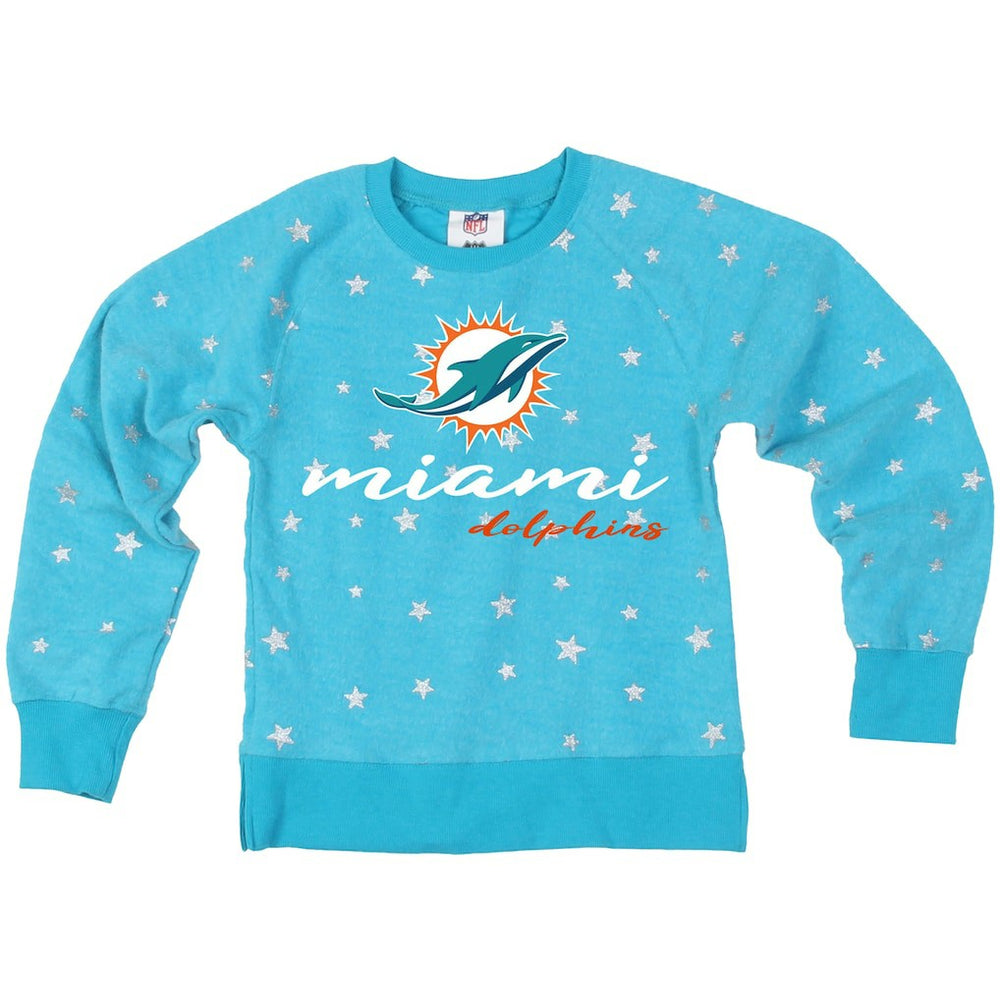 Miami Dolphins Wes & Willy Girls Youth Shimmer Star Reverse Fleece Pullover Sweatshirt Aqua