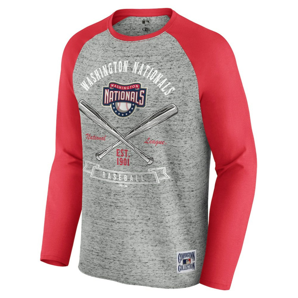Washington Nationals Darius Rucker Collection by Fanatics Raw Edge Raglan Long Sleeve Baseball T-Shirt - Heather Gray - Fanatics Sale
