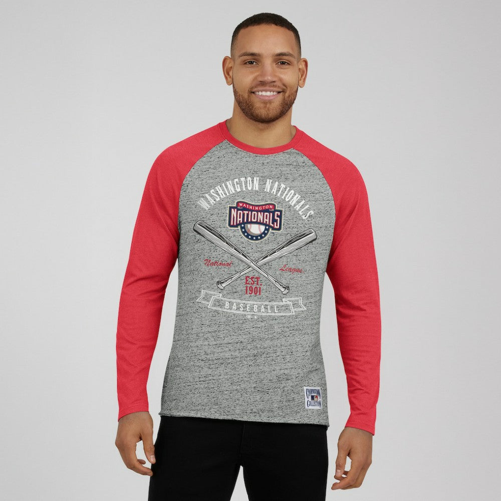 Washington Nationals Darius Rucker Collection by Fanatics Raw Edge Raglan Long Sleeve Baseball T-Shirt - Heather Gray - Fanatics Sale